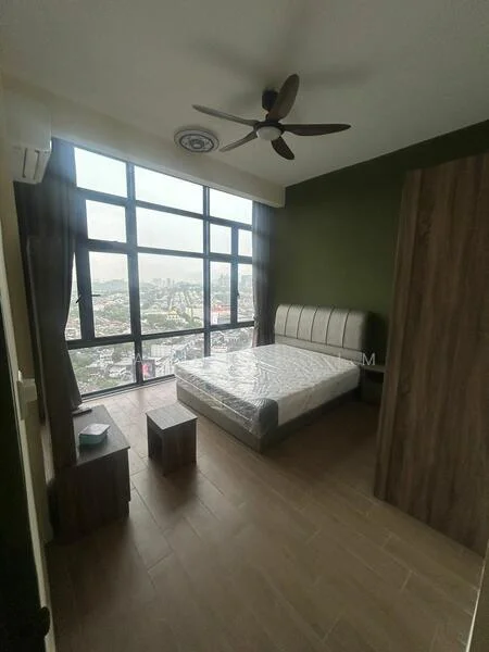 Bedroom features: king-size bed with mattress, upholstered headboard, wooden bedside tables, floor-to-ceiling windows, city view, green accent wall, light brown wooden flooring, ceiling fan with light, curtains, built-in wardrobe; style: modern; view: city.