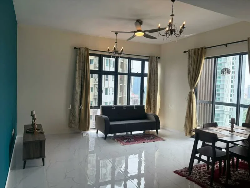 Living features: 3-seater fabric sofa in grey, chandelier with multiple bulbs, 5-blade ceiling fan with light, floor-to-ceiling windows, sheer curtains, dark wood dining table, 4 dining chairs, area rug with geometric pattern, decorative wall with teal paint, white painted walls, polished marble flooring; style: modern; view: city.