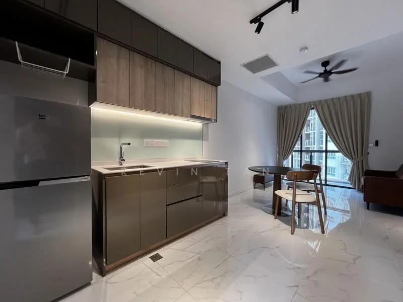 Kitchen features: stainless-steel fridge, built-in cabinetry in wood finish, white countertop, glass backsplash, single-bowl stainless-steel sink, chrome pull-down faucet, recessed LED downlights, marble tile flooring, wall-mounted split AC, open shelving, dining table with chairs, floor-to-ceiling windows with sheer curtains; style: modern; view: city. Living features: 3-seater fabric sofa in brown, coffee table, area rug, ceiling fan, wall-mounted TV, curtains, decorative wall art; style: modern; view: city.