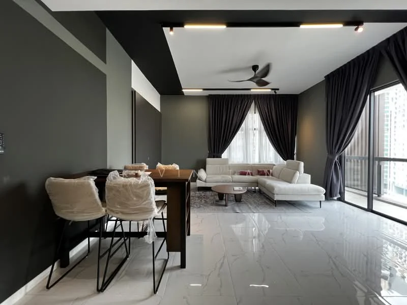Living features: grey painted walls, black ceiling with recessed lighting, marble tile flooring, 5-blade ceiling fan with light, floor-to-ceiling windows, sheer curtains, dark curtains, L-shape sectional sofa in white, coffee table, dining table with 4 chairs, area rug; style: modern; view: city.