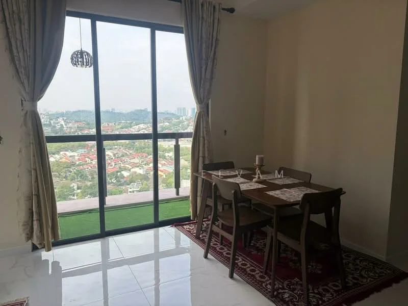 Dining features: floor-to-ceiling windows, white painted walls, marble tile flooring, dining table for 4, wooden dining chairs, decorative area rug, curtains, city view; style: modern; view: city.