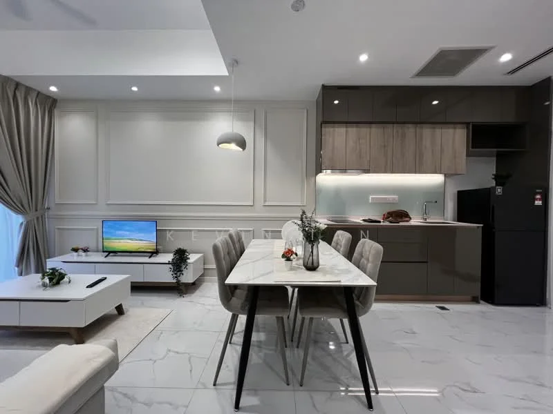 Dining features: marble dining table, upholstered dining chairs, decorative vase on table, wall-mounted TV, white painted walls with paneling, grey cabinetry, stainless-steel fridge, recessed LED downlights, floor-to-ceiling windows with sheer curtains, light grey tiled flooring, kitchen island with seating, built-in oven, sink with countertop; style: modern.