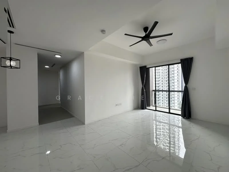 Living features: white painted walls, marble tile flooring, 5-blade ceiling fan, floor-to-ceiling windows, sliding glass door, grey curtains, recessed downlights, open layout; style: modern; view: city. Room features: white painted walls, carpeted flooring, recessed lighting.