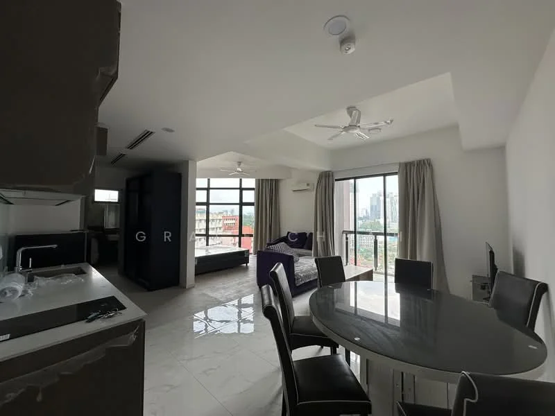 Living features: floor-to-ceiling windows, grey curtains, 3-blade ceiling fan, sofa in dark color, dining table with round glass top, upholstered dining chairs, white walls, polished tile flooring; style: modern; view: city. Kitchen features: stainless-steel sink, built-in kitchen cabinets, countertop with overhang, stove, exhaust hood; style: modern.