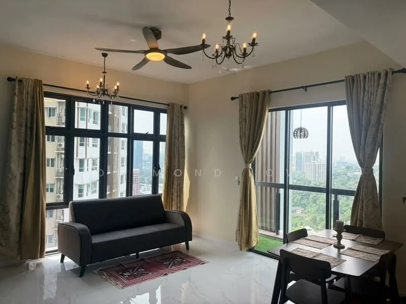 Living features: 3-seater fabric sofa in black, area rug with geometric pattern, dining table for 4 with wooden chairs, floor-to-ceiling windows, city view, chandelier, 5-blade ceiling fan with light, curtains in beige, marble tile flooring, wall-mounted decorative light; style: modern; view: city.