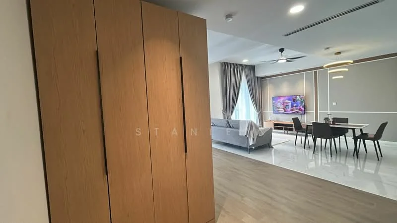 Living features: wooden cabinetry, grey fabric sofa, wall-mounted TV, dining table with chairs, recessed ceiling lights, ceiling fan, large window with sheer curtains, light-colored flooring, decorative wall paneling; style: modern.