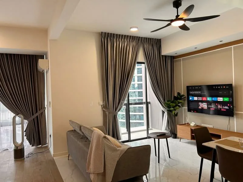 Living features: 3-seater fabric sofa in grey, coffee table, wall-mounted TV, TV console, floor-to-ceiling windows, sheer curtains, blackout curtains, ceiling fan with light, decorative plant, light-coloured wall, marble tile flooring, recessed downlights; style: modern; view: city.