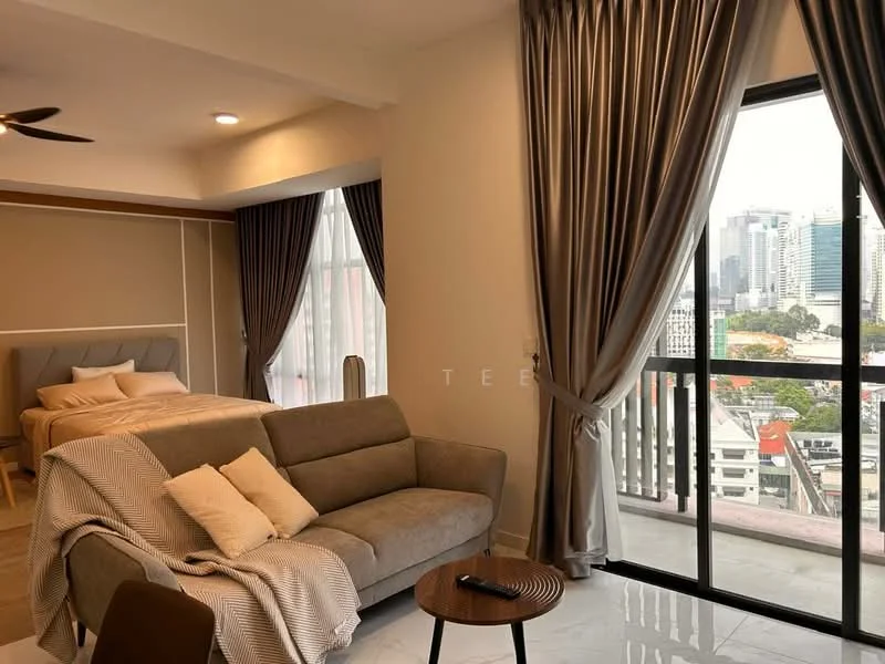 Living features: 3-seater fabric sofa in grey, coffee table, floor-to-ceiling windows, curtains in grey, recessed downlights, decorative throw pillows, area rug, view of city skyline; style: modern; view: city. Bedroom features: queen-size bed, bedding in neutral tones, bedside table, wall-mounted light fixture, curtains in grey, built-in wardrobe, view of city skyline; style: modern; view: city.