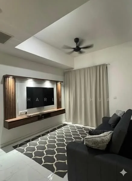 Living features: 3-seater fabric sofa in grey, black and white geometric area rug, wall-mounted TV, wooden TV console with built-in lighting, ceiling fan, recessed ceiling with lighting, curtains, white painted walls; style: modern.