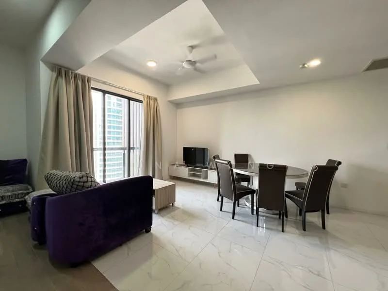 Living features: 5-blade ceiling fan with light, wall-mounted TV, coffee table, 3-seater fabric sofa in purple, dining table for 6, upholstered dining chairs, large windows with sheer curtains, marble tile flooring, light-colored painted walls, recessed downlights; style: modern; view: city.
