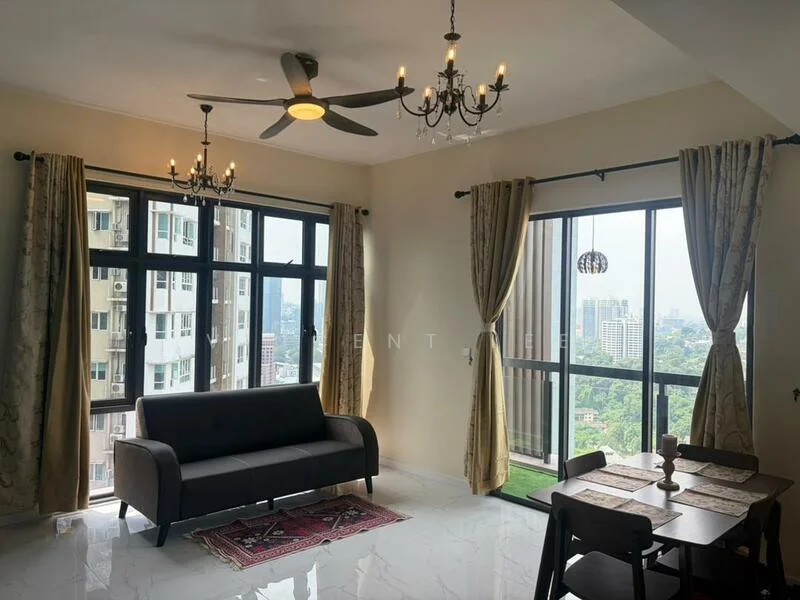 Living features: 3-seater fabric sofa in black, chandelier with multiple bulbs, 5-blade ceiling fan with light, floor-to-ceiling windows, sheer curtains in beige, dark wood dining table with chairs, area rug with geometric pattern, decorative wall art, white painted walls, polished ceramic tile flooring; style: modern; view: city.