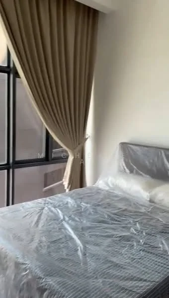 Bedroom features: queen-size bed, upholstered headboard, floor-to-ceiling windows, sheer curtains, light-colored walls, wooden flooring, decorative wall, bedside table; style: modern.