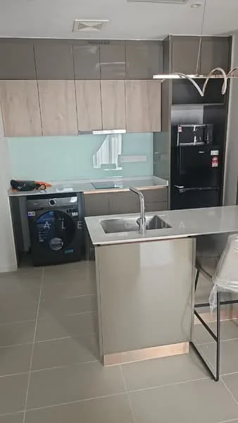 Kitchen features: grey cabinetry with wood accents, stainless-steel sink, chrome pull-down faucet, grey quartz countertop, built-in oven, black refrigerator, washing machine, tile flooring, glass backsplash, recessed downlights, open shelving, island with seating, modern pendant light; style: modern.