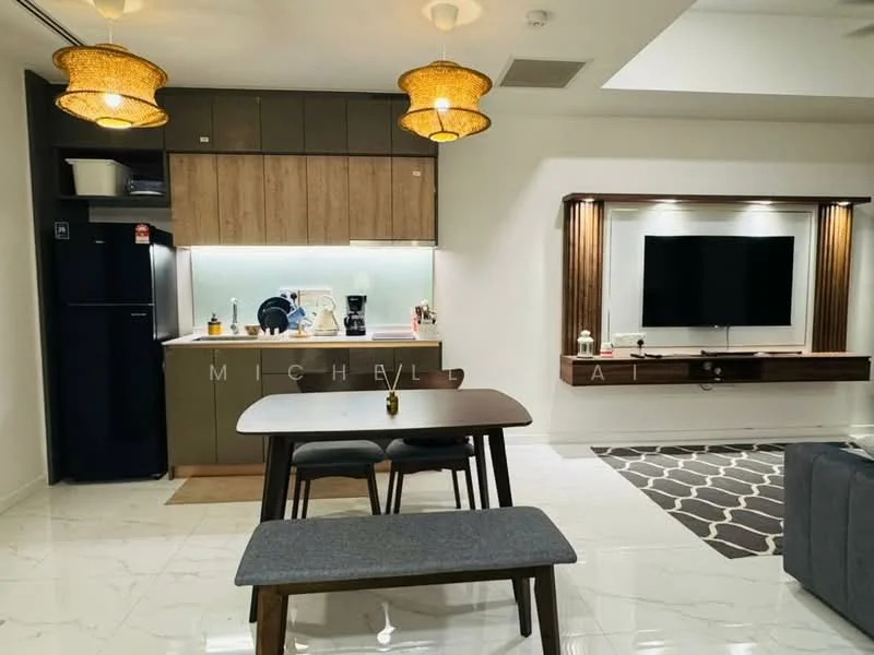 Dining features: marble tile flooring, white painted walls, recessed downlights, 2 pendant lamps, wood dining table, grey upholstered bench, wall-mounted TV, wood feature wall, sofa in grey fabric, area rug with geometric pattern, kitchen cabinetry with wood finish, black fridge, coffee machine, built-in countertop with sink; style: modern.