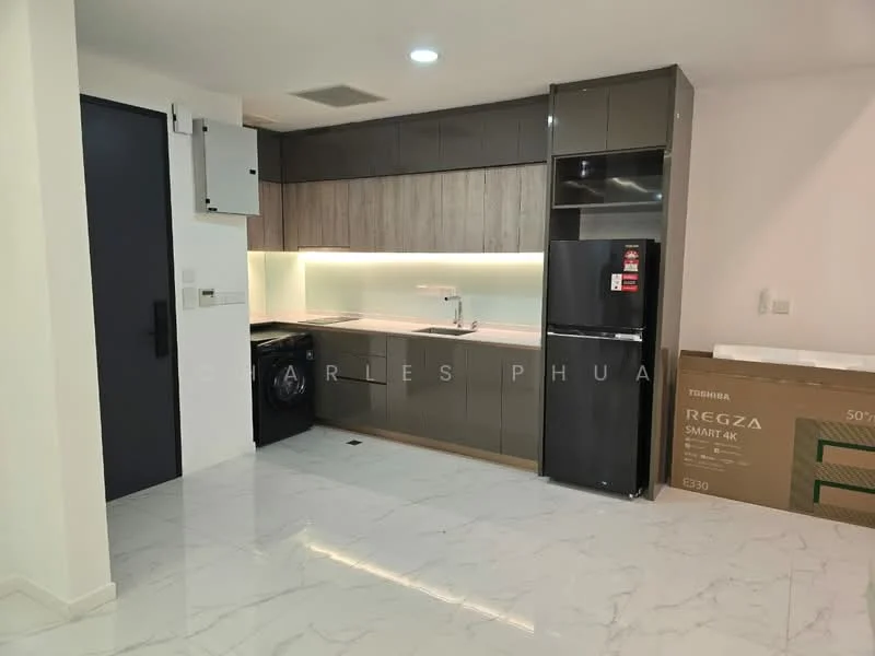 Kitchen features: grey cabinetry, white marble tile flooring, built-in oven, stainless-steel fridge, single-bowl stainless-steel sink, chrome pull-down faucet, white quartz countertop, recessed LED downlights, washing machine, tile backsplash, under-cabinet lighting; style: modern.