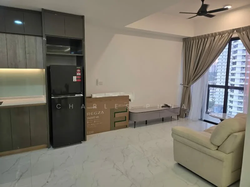 Living features: cream leather sofa, black refrigerator, kitchen cabinetry with wood finish, white countertop, marble tile flooring, floor-to-ceiling windows, curtains, wall-mounted TV console, LED lighting, ceiling fan; style: modern; view: city.