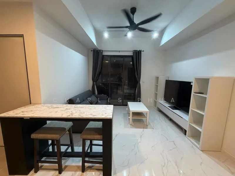 Living features: grey fabric sofa, white coffee table, black and white marble dining table, 2 upholstered bar stools, TV console, wall-mounted TV, floor-to-ceiling windows, black curtains, recessed downlights, ceiling fan with light, porcelain tile flooring, white painted walls; style: modern; view: city.