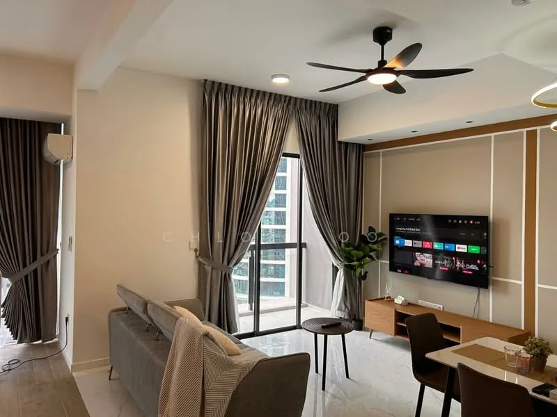 Living features: 3-seater fabric sofa in grey, ceiling fan with light, wall-mounted TV, TV console in wood, floor-to-ceiling windows, sliding glass door, sheer curtains, dark grey curtains, decorative plant in pot, light wood flooring, recessed downlights, wall paneling with white accents; style: modern; view: city.