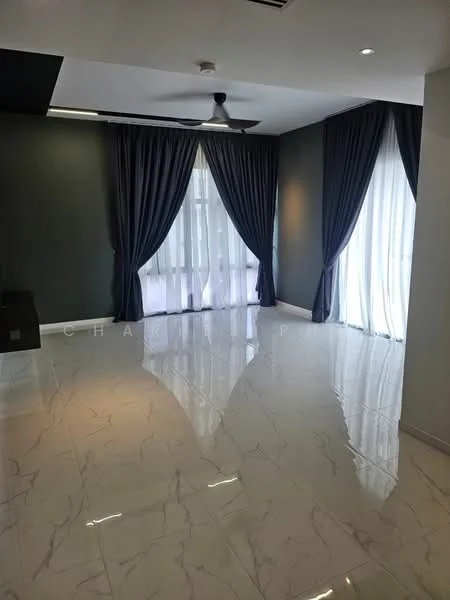 Living features: marble tile flooring, grey painted walls, floor-to-ceiling windows, sheer curtains, blackout curtains, 5-blade ceiling fan, recessed downlights, decorative wall panel, open layout, natural light; style: modern.