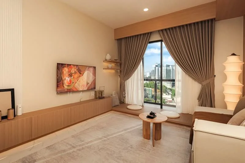 Living features: light beige painted walls, wooden flooring, floor-to-ceiling windows, sheer curtains, blackout curtains, wall-mounted TV, light wood TV console, decorative wall shelving, round coffee table, 2 floor cushions, upholstered sofa in light color, decorative lamp, area rug with neutral tones; style: modern; view: city.