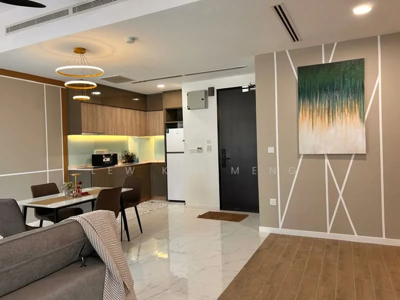 Living features: marble tile flooring, white painted walls, wooden cabinetry, recessed downlights, pendant light fixture, dining table with chairs, framed artwork, black front door, kitchen area with countertop, built-in refrigerator, open layout, sofa, decorative throw blanket; style: modern.