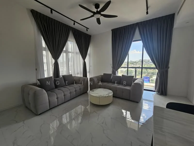 Living features: 3-seater fabric sofa in grey, coffee table with round top, floor-to-ceiling windows, sheer curtains, blackout curtains, marble tile flooring, ceiling fan with light, city view; style: modern; view: city.