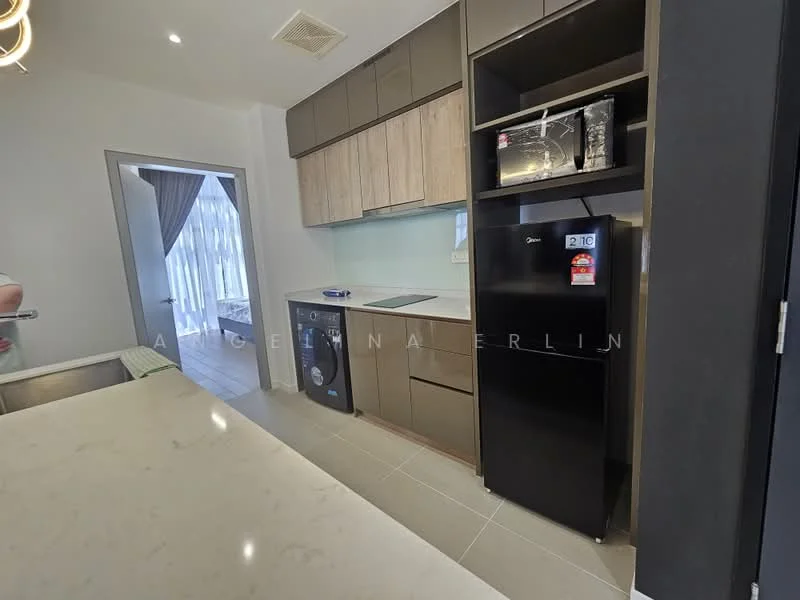 Kitchen features: white quartz countertop, light wood cabinetry, black refrigerator, built-in washing machine, stainless-steel sink, chrome pull-down faucet, ceramic tile flooring, recessed downlights, open shelving, wall-mounted cabinets, sliding glass door, window with sheer curtains; style: modern.