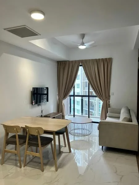 Living features: sofa in light grey fabric, coffee table with metal frame, TV mounted on wall, dining table with 4 wooden chairs, floor-to-ceiling windows, sheer curtains, recessed downlights, marble tile flooring, ceiling fan with light, air conditioning unit; style: modern; view: city.