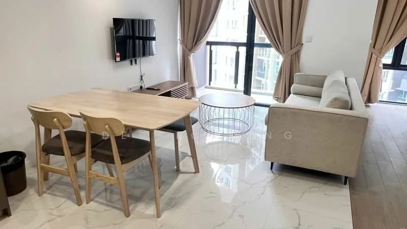 Living features: 3-seater fabric sofa in light grey, wooden dining table with 4 chairs, round glass coffee table, wall-mounted TV, floor-to-ceiling windows, curtains in beige, light-colored tiled flooring, wooden sideboard, decorative wall art; style: modern; view: city.