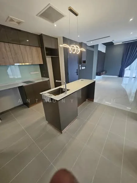 Kitchen features: island countertop with sink, single-bowl stainless-steel sink, chrome pull-down faucet, pendant light above island, wood cabinetry with flat-panel design, white backsplash, ceramic tile flooring, recessed downlights, open layout to living area, grey accent wall, floor-to-ceiling windows, curtains; style: modern.