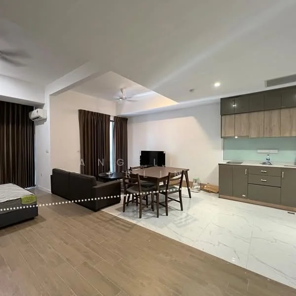 Living features: 3-seater fabric sofa in grey, wooden dining table with 4 chairs, TV console, wall-mounted TV, ceiling fan, recessed downlights, floor-to-ceiling windows with curtains, laminate flooring, kitchenette with green cabinetry, single-bowl stainless-steel sink, chrome pull-down faucet, built-in oven, stainless-steel range hood; style: modern.