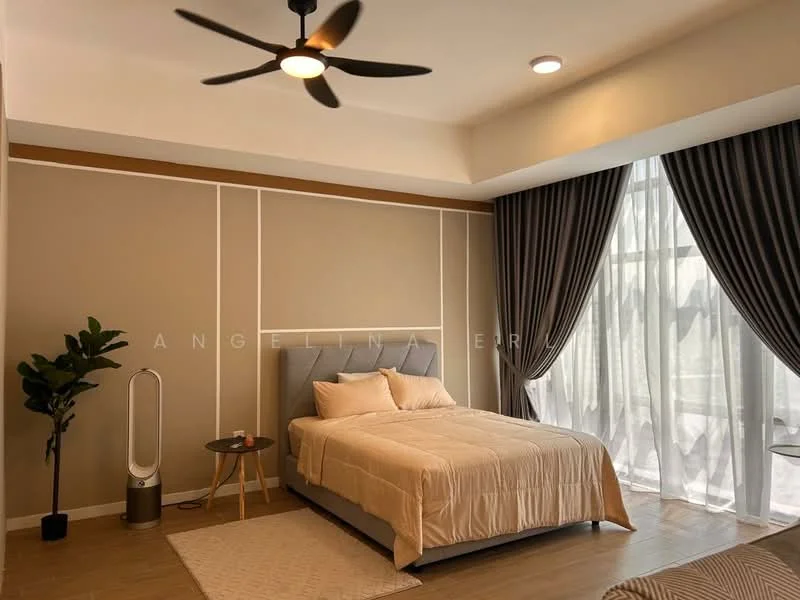 Bedroom features: king-size bed with beige bedding, upholstered headboard, 2 bedside tables, floor-to-ceiling windows with sheer curtains, dark grey curtains, 5-blade ceiling fan with light, wooden flooring, decorative plant in ceramic pot, area rug with geometric pattern, wall-mounted air purifier; style: modern.