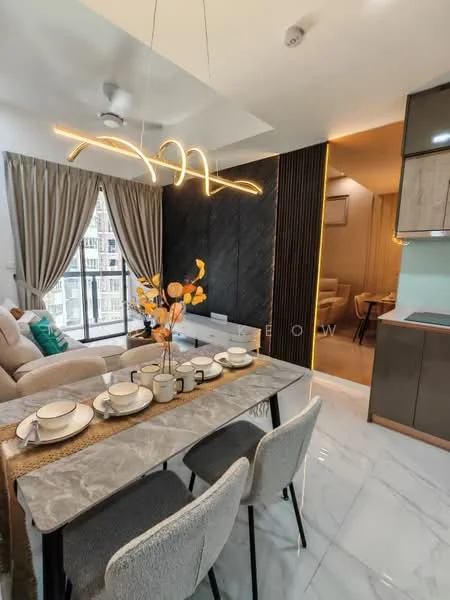 Dining features: 6-seater dining table, grey marble tabletop, upholstered dining chairs, decorative vase with flowers, modern pendant light fixture, floor-to-ceiling windows, curtains in beige, open layout to living area, polished marble flooring; style: modern; view: city. Living features: 3-seater fabric sofa in beige, coffee table, wall-mounted TV, decorative wall paneling, ceiling fan, area rug, light-colored walls; style: modern; view: city.