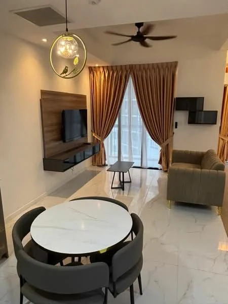 Living features: marble tile flooring, white painted walls, ceiling fan, chandelier with decorative elements, floor-to-ceiling windows, sheer curtains, wood feature wall with mounted TV, black TV console, grey fabric sofa, round marble dining table, 4 upholstered dining chairs, decorative wall shelving; style: modern.