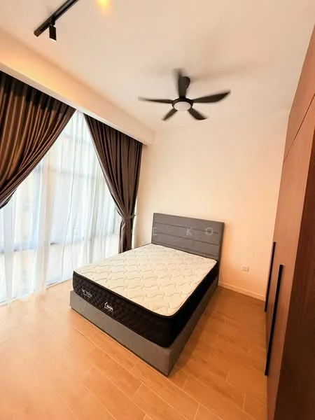 Bedroom features: queen-size bed, grey upholstered headboard, 5-blade ceiling fan with light, floor-to-ceiling windows, sheer curtains, dark brown curtains, wooden flooring, built-in wardrobe; style: modern.