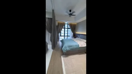 Bedroom features: king-size bed, upholstered headboard, bedside lamps, floor-to-ceiling windows, sheer curtains, blackout curtains, 5-blade ceiling fan, wooden flooring, decorative wall lighting, area rug with geometric pattern, built-in wardrobe; style: modern; view: city.