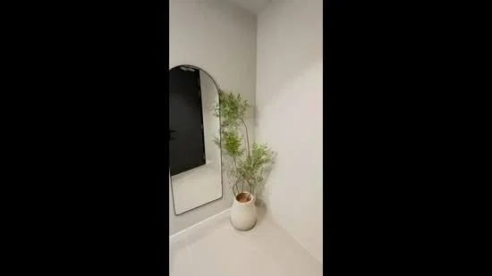 Room features: white painted walls, large mirror, potted plant in ceramic pot, neutral tile flooring, minimalist decor; style: modern.