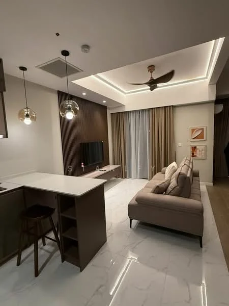 Living features: sofa in beige fabric, coffee table, wall-mounted TV, TV console, 5-blade ceiling fan with integrated LED light, recessed downlights, white marble flooring, wood panel accent wall, floor-to-ceiling curtains, decorative artwork on wall; style: modern. Kitchen features: kitchen island with seating, bar stools, white cabinetry, black countertop, open shelving; style: modern.