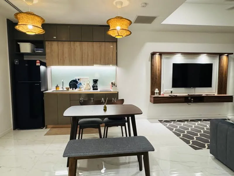 Dining features: 6-seater dining table, grey upholstered dining chairs, wooden bench seating, pendant lighting, recessed downlights, marble flooring, wall-mounted TV, wooden TV console, kitchen cabinetry with wood finish, black refrigerator, coffee machine, stainless-steel sink, kitchen countertop, decorative wall paneling; style: modern.