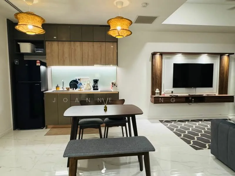 Kitchen features: stainless-steel fridge, built-in oven, freestanding range oven, black countertop, wood cabinetry, white backsplash, kitchen island, pendant lighting; style: modern. Dining features: 6-seater dining table, grey upholstered dining chairs, bench seating, decorative centerpiece; style: modern. Living features: wall-mounted TV, wood feature wall, recessed lighting, area rug with geometric pattern, sofa in grey fabric; style: modern.