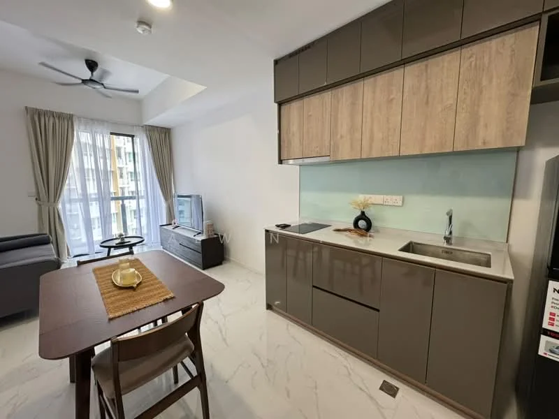 Kitchen features: grey cabinetry with wood accents, marble tile flooring, single-bowl stainless-steel sink, chrome pull-down faucet, built-in stove, refrigerator, open shelving, pendant light, floor-to-ceiling windows, curtains, dining table with chairs, sofa, TV console, wall-mounted TV; style: modern; view: garden.