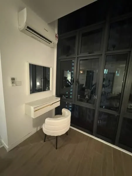 Room features: wall-mounted split AC, large floor-to-ceiling windows, white painted walls, light wood flooring, mirror with shelf, white console table, upholstered chair with black legs; style: modern; view: city.