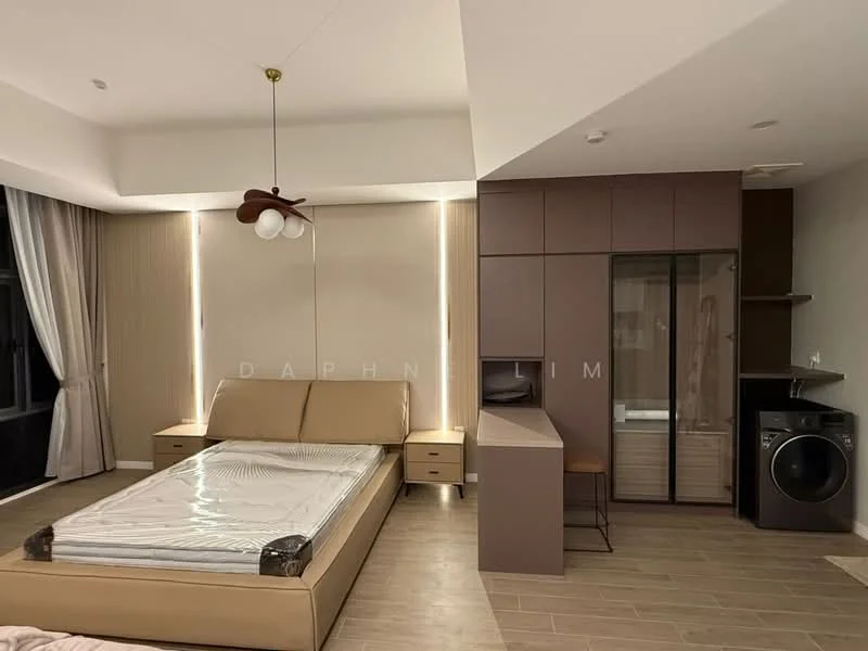 Bedroom features: king-size bed, upholstered headboard, built-in wardrobe, study desk, chair, floor-to-ceiling windows, curtains, light fixture with multiple bulbs, wooden flooring, washing machine, neutral wall color, recessed lighting; style: modern.