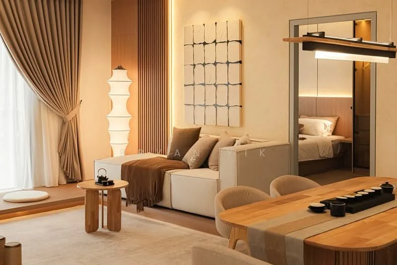 Living features: cream painted walls, wood paneling, recessed LED downlights, floor-to-ceiling windows with sheer curtains, light wood flooring, L-shape sectional sofa in white, decorative throw blanket, round coffee table, dining table with light wood finish, upholstered dining chairs, decorative wall art, floor lamp, area rug with neutral tones; style: modern. Bedroom features: queen-size bed with upholstered headboard, framed mirror, built-in wardrobe, soft bedding, nightstand with lamp; style: modern.