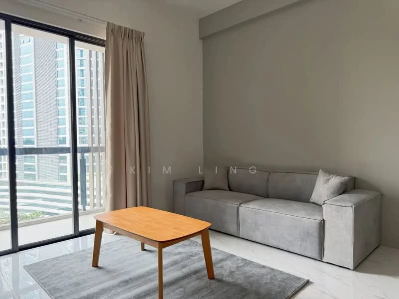 Living features: grey fabric sofa, wooden coffee table, light grey area rug, floor-to-ceiling windows, sheer curtains, white painted walls, marble flooring, balcony view; style: modern; view: city.