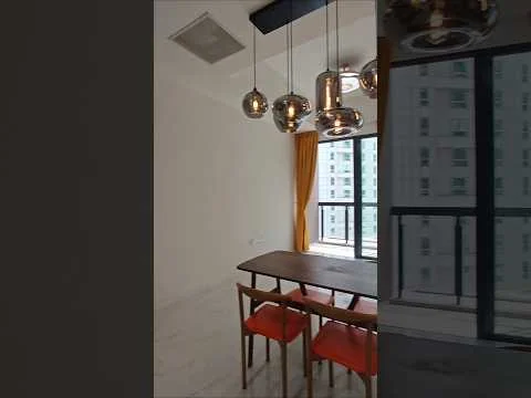 Dining features: wooden dining table, 4 dining chairs with orange upholstery, pendant lighting with metallic finish, floor-to-ceiling windows, curtains in orange, white painted walls, marble flooring, ceiling with recessed lighting; style: modern; view: city.