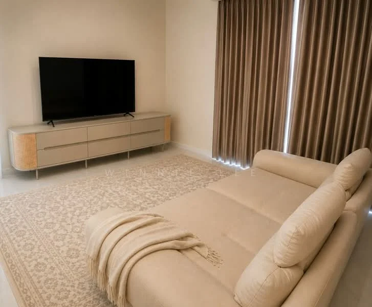 Living features: beige fabric sectional sofa, light-colored area rug with intricate pattern, flat-screen TV on low-profile media console, media console with wood and white finish, floor-to-ceiling curtains in light brown, neutral painted walls, recessed lighting, decorative throw blanket on sofa; style: modern.