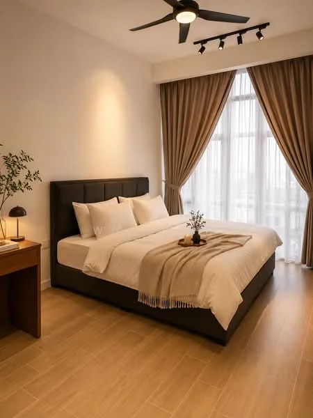 Bedroom features: king-size bed with upholstered headboard, white bedding with decorative throw, wooden bedside table, table lamp with fabric shade, floor-to-ceiling windows, sheer curtains, dark curtains, 5-blade ceiling fan with light, wooden flooring, decorative plant on bedside table, wall-mounted track lighting; style: modern; view: city.