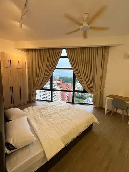 Bedroom features: queen-size bed, upholstered headboard, white bedding, wooden flooring, 5-blade ceiling fan, floor-to-ceiling windows, curtains, built-in wardrobe, study desk, chair; style: modern; view: city.