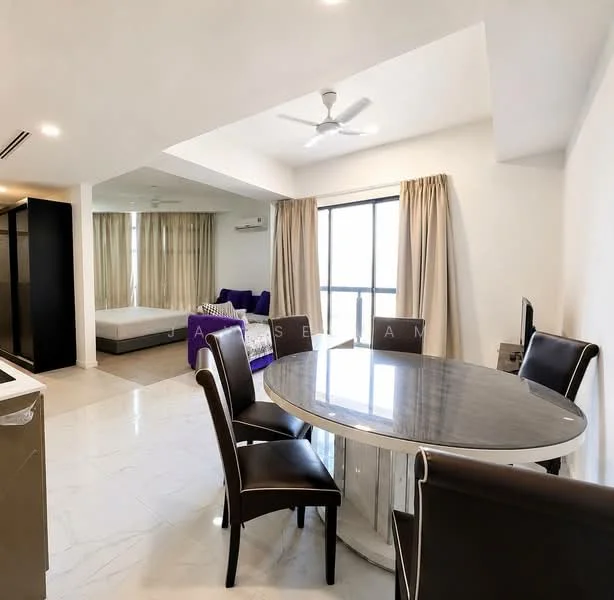 Dining features: round dining table with marble top, 4 upholstered dining chairs in black, white walls, recessed downlights, large window with sheer curtains, floor-to-ceiling windows, marble tile flooring, ceiling fan; style: modern. Living features: sofa bed, large window with sheer curtains, white walls, marble tile flooring, ceiling fan; style: modern.